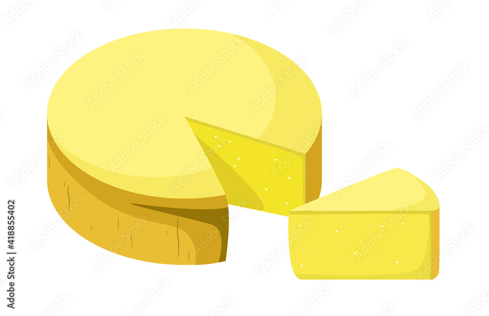 A whole head of yellow cheese with a cut piece on a white background. Parmesan cheese. Dairy products A whole head of yellow cheese with a cut piece on a white background. Parmesan cheese. Dairy products