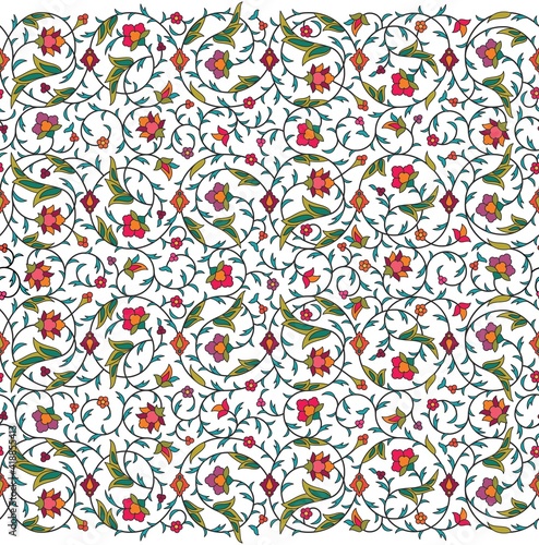 Arabesque Arabic seamless floral pattern. Branches with flowers, leaves and petals