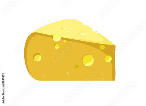 A piece of yellow cheese with holes on a white background. Icon of natural fresh cheese. Flat