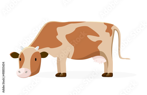 Brown cow with spots. Farm animals. Cow with her head down