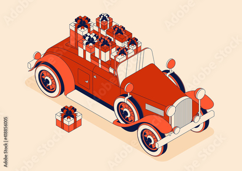 Retro car convertible with big bouquet of tulips. Vintage car from 30s in red color. Greeting card for women on a holiday