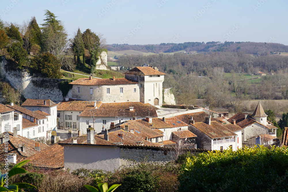 old stone typical village in the mountains of the Pyrénées, France with red tile roofs old stone typical village in the mountains of the Pyrénées, France with red tile roofs