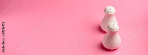 Salt and Pepper shaker isolated on pastel pink background. Copy space banner