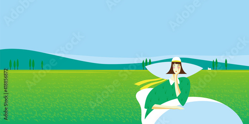 Illustration of a landscape with a woman relaxing
