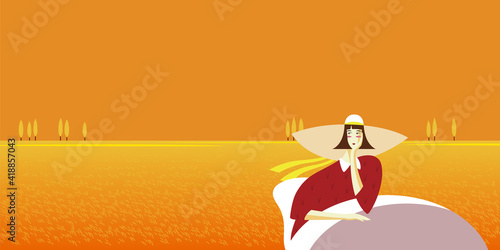 Illustration of a landscape of sunset with a woman relaxing
