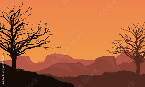 Silhouettes of dry trees and nice mountains under a great sunset sky. Vector illustration