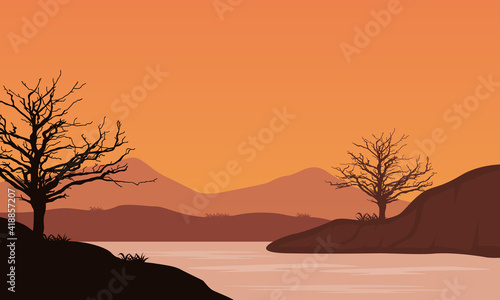 Beautiful Mountain View from the river bank at dusk with silhouettes of dry trees around it. Vector illustration
