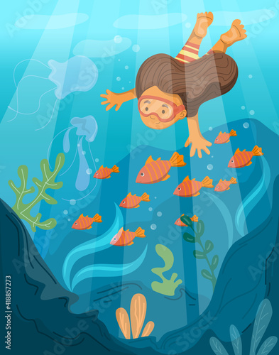 Cute child swimming underwater. Vector illustration of girl snorkeling with mask. Fish and coral in the sea. Tropical lifestyles, kid having fun.