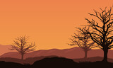 Beautiful evening natural scenery at dusk from the edge of the city. Vector illustration