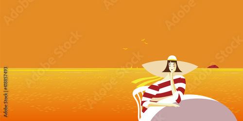 Illustration of a seascape of sunset with a woman relaxing
