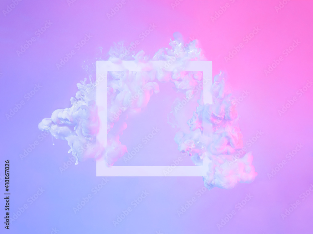 Fototapeta premium Creative abstract neon background with copy space. White square frame and clouds made from white paint in blue or violet and pink light. Fluid cloud creative composition. Trendy minimal frame concept