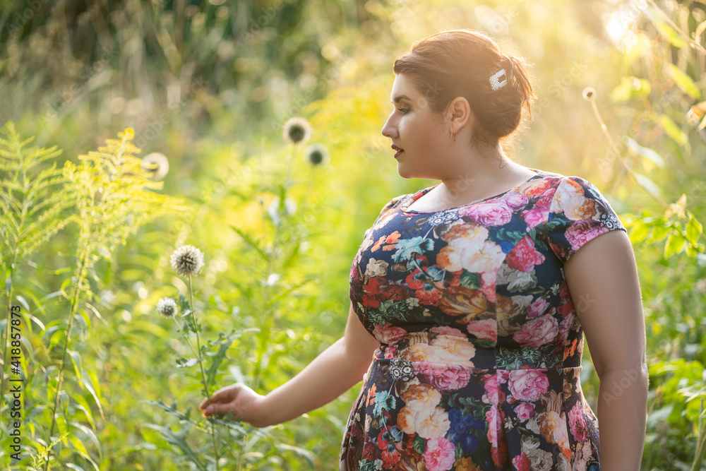 Plus Size Model in Floral Dress Outdoors, Beautiful Fat Woman with Big  Breasts in Nature Stock Image - Image of fashion, excess: 212657349
