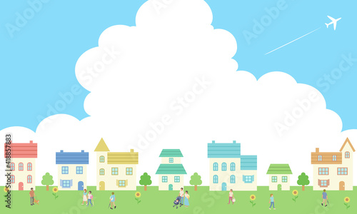 夏の青空と入道雲と飛行機と人々の街並みベクターイラスト(背景)