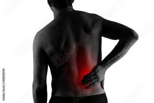 Back pain, kidney inflammation, ache in man's body isolated on white background