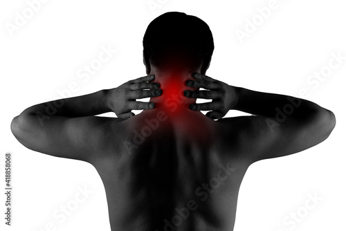 Neck pain, man suffering from backache isolated on white background