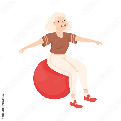Young Blond Female in Athletic Wear at Gym with Fitball Doing Physical Exercise and Workout Vector Illustration