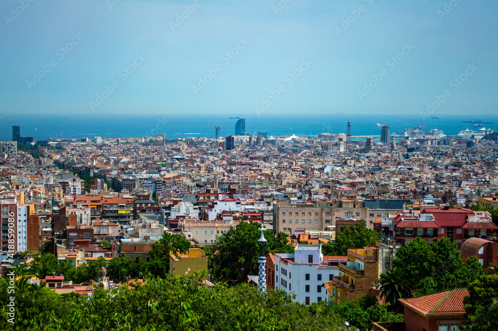 Barcelona, Spain - July 26, 2019: Aerial view of Barcelona city and Mediterranean sea, Catalonia, Spain