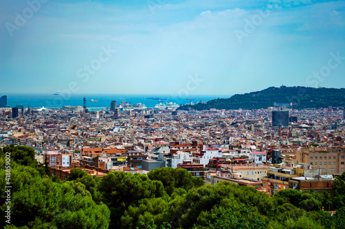 Barcelona, Spain - July 26, 2019: Aerial view of the city of Barcelona in Catalonia, Spain