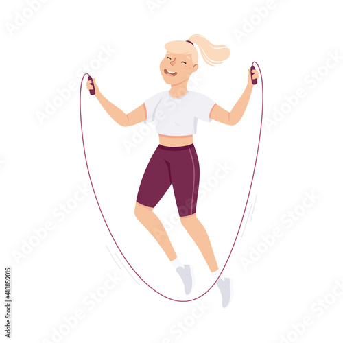 Blond Female in Sportswear at Gym Skipping or Jumping Rope Doing Physical Exercise and Workout Vector Illustration