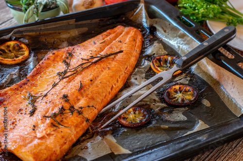 Canvas Print grilled halved salmon fillet on a tray