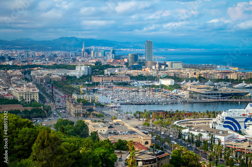 Barcelona, Spain - July 27, 2019: Beutiful panoramic view of Barcelona coastline and Mediterranean sea on a summer day, Catalonia, Spain