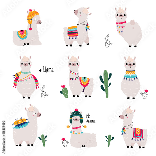 Cute Fluffy Llama or Alpaca Camelid Pack Animal Vector Set