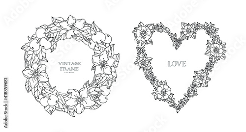 Apple tree bloom and fruit wreath, heart made of flowers. Rose, leaf, blueberry. Wedding invitation template. Coloring book page for adult. Hand drawn vector artwork. Black and white. Bohemia concept