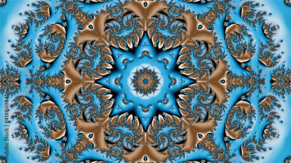 abstract ornament scattered in kaleidoscopic order on a blue background creates the image of a star with a circular fractal ornament in the center abstract ornament scattered in kaleidoscopic order on a blue background creates the image of a star with a circular fractal ornament in the center