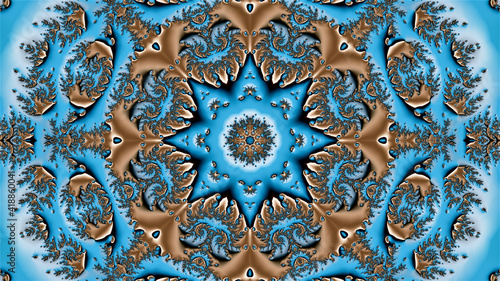abstract ornament scattered in kaleidoscopic order on a blue background creates the image of a star with a circular fractal ornament in the center