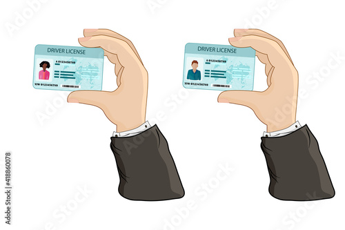 Car driver license in hand isolated on white background.Hand holding or showing the car driver license identification card with photo. Identity,ID,identity verification,person data.Vector illustration
