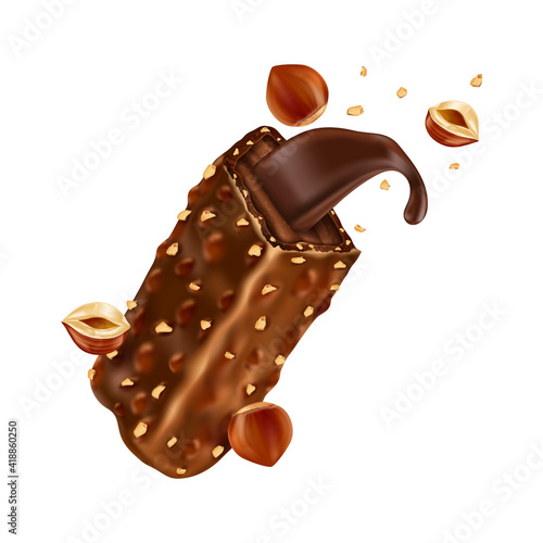 Sweet chocolate bar with hazelnut pieces and caramel. Vector realistic illustration of broken chocolate candy with crushed nuts and cocoa cream isolated on white background