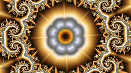 unusual abstract figure of yellow-gray color framed by a beautiful fractal pattern and a flower in the center