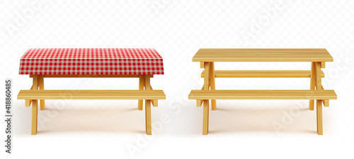 Fototapeta Naklejka Na Ścianę i Meble -  Wooden picnic table with benches and red plaid tablecloth isolated on transparent background. Vector realistic set of empty wood table with seats and cloth for garden, park or camping