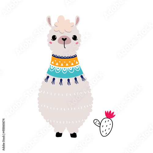 Pretty Wolly Llama or Alpaca Wearing Knitted Scarf with Tassel Vector Illustration