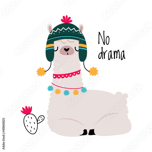 Pretty Wolly Llama or Alpaca Wearing Knitted Hat with Tassel Sitting Vector Illustration