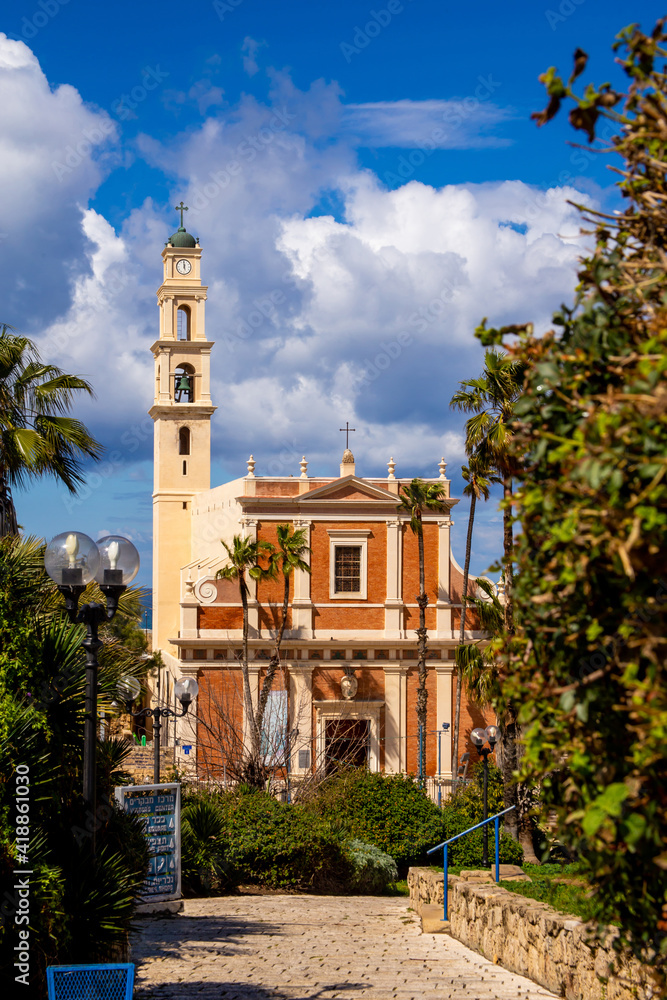 Tel Aviv, Israel - March 04, 2021: St. Peter's Church in Jaffa. It was built in 1642. The church was built on top of an ancient fort that dominated the port and protected it.