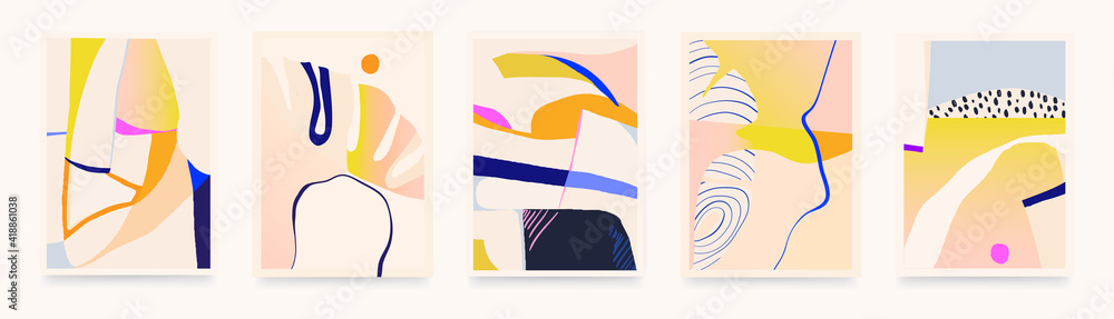 Set of colorful abstract illustrations. Modern style wall decor. Collection of contemporary artistic posters. - obrazy, fototapety, plakaty 