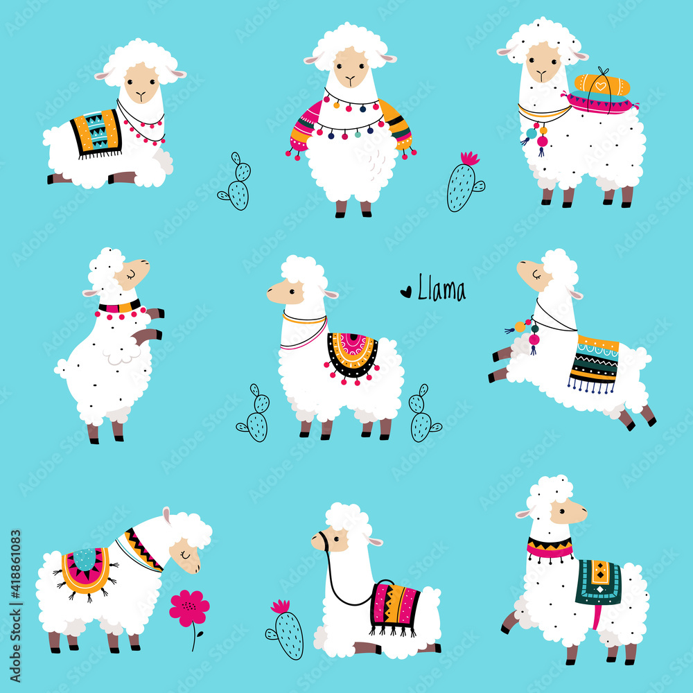 Cute Fluffy Llama or Alpaca Camelid Pack Animal Vector Set Cute Fluffy Llama or Alpaca Camelid Pack Animal Vector Set