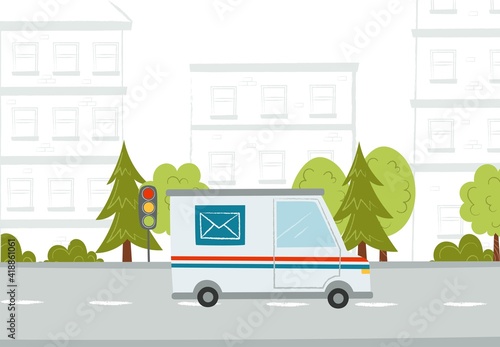 Cartoon mail truck on road. Street in the city. Cute texture hand draw illustration. Vector 