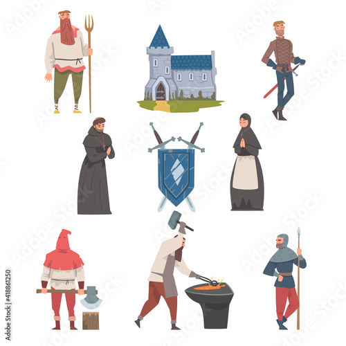 Middle Ages with Medieval People Characters, Coat of Arms and Fortress Vector Illustration Set