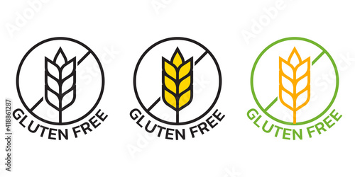 Gluten free icon set with grain or wheat symbol. Food allergy label or logo collection. Vector illustration.