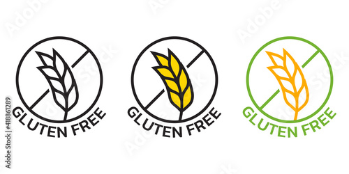 Gluten free icon set with grain or wheat symbol. Food allergy label or logo collection. Vector illustration.
