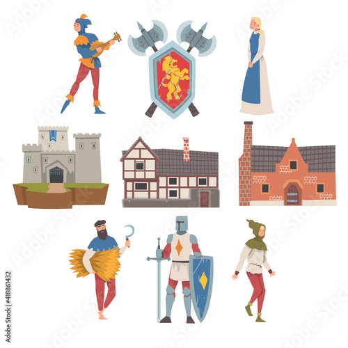 Middle Ages with Medieval People Characters, Coat of Arms and Fortress Vector Illustration Set