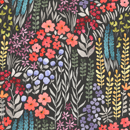 Meadow with flowers  floral seamless pattern of watercolor colorful wildflowers on dark background  abstract ornament.