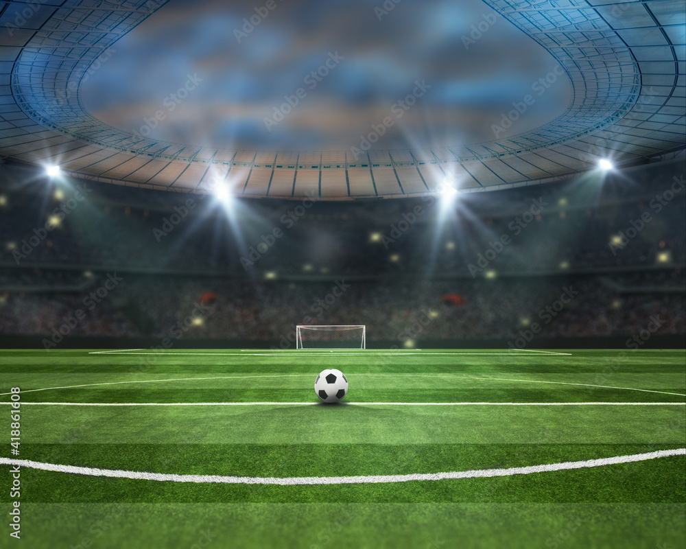 Naklejka piłka w zielonym polu na stadionie piłkarskim. gotowy do gry w pomocy