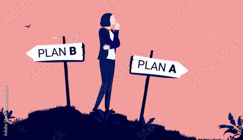 Businesswoman planning - Trying to choose plan A or plan B. Business choosing and decision concept. Vector illustration.
