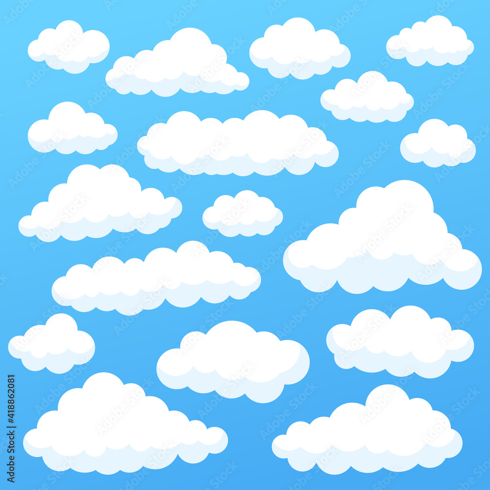 Cartoon clouds isolated on blue sky panorama collection. Cloudscape in blue sky, white cloud illustration
