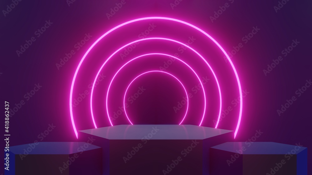 Fototapeta premium Hexagonal Product Podiums with Concentric Neon Pink Lights for Futuristic Tech Showcase