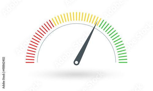 Gauge or meter indicator. Speedometer icon with red, yellow, green scale and arrow. Progress performance chart. Vector illustration.