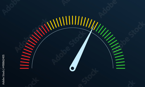 Gauge or meter indicator. Speedometer icon with red, yellow, green scale and arrow. Progress performance chart. Vector illustration.